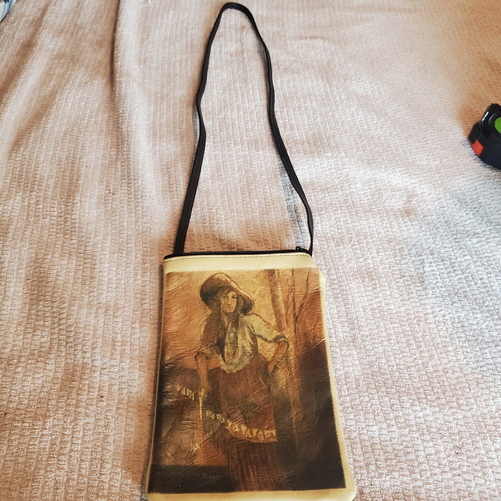 Vintage Leather Crossbody Bag Brown Cream Western‎ print Boho Passport Purse